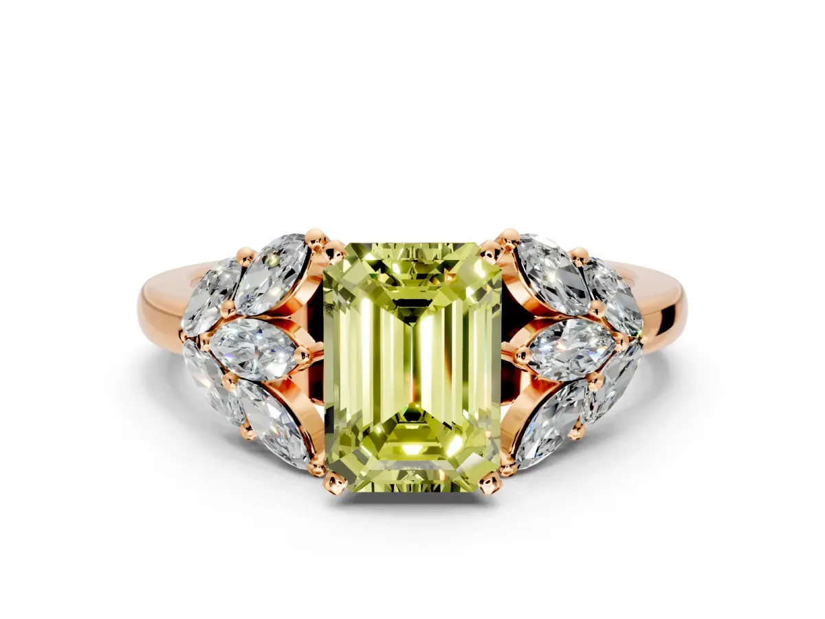 Leaf Cluster Engagement Ring Setting for Fancy Yellow Emerald Cut Center with Marquise Accents and Prong Head in Rose Gold