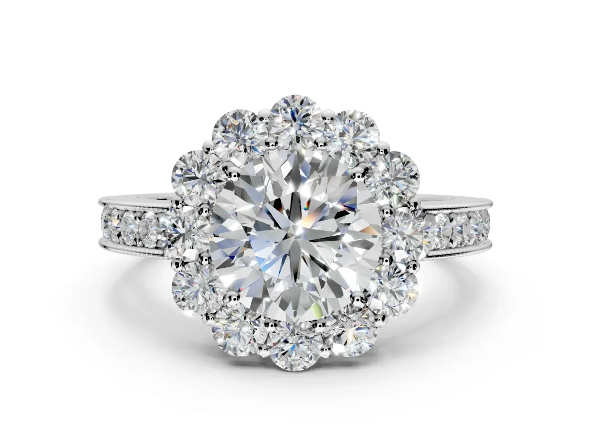 Halo Engagement Ring Setting for Round Cut Center with Milgrain Channel Band and Prong Head in Sterling Silver
