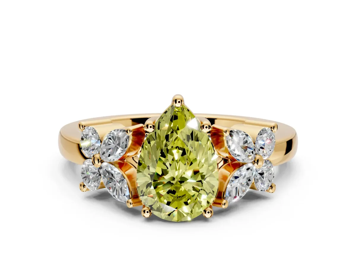 Floral Engagement Ring Setting for Fancy Yellow Pear-Shaped Center with Marquise Cluster Shoulders and Prong Head in Yellow Gold