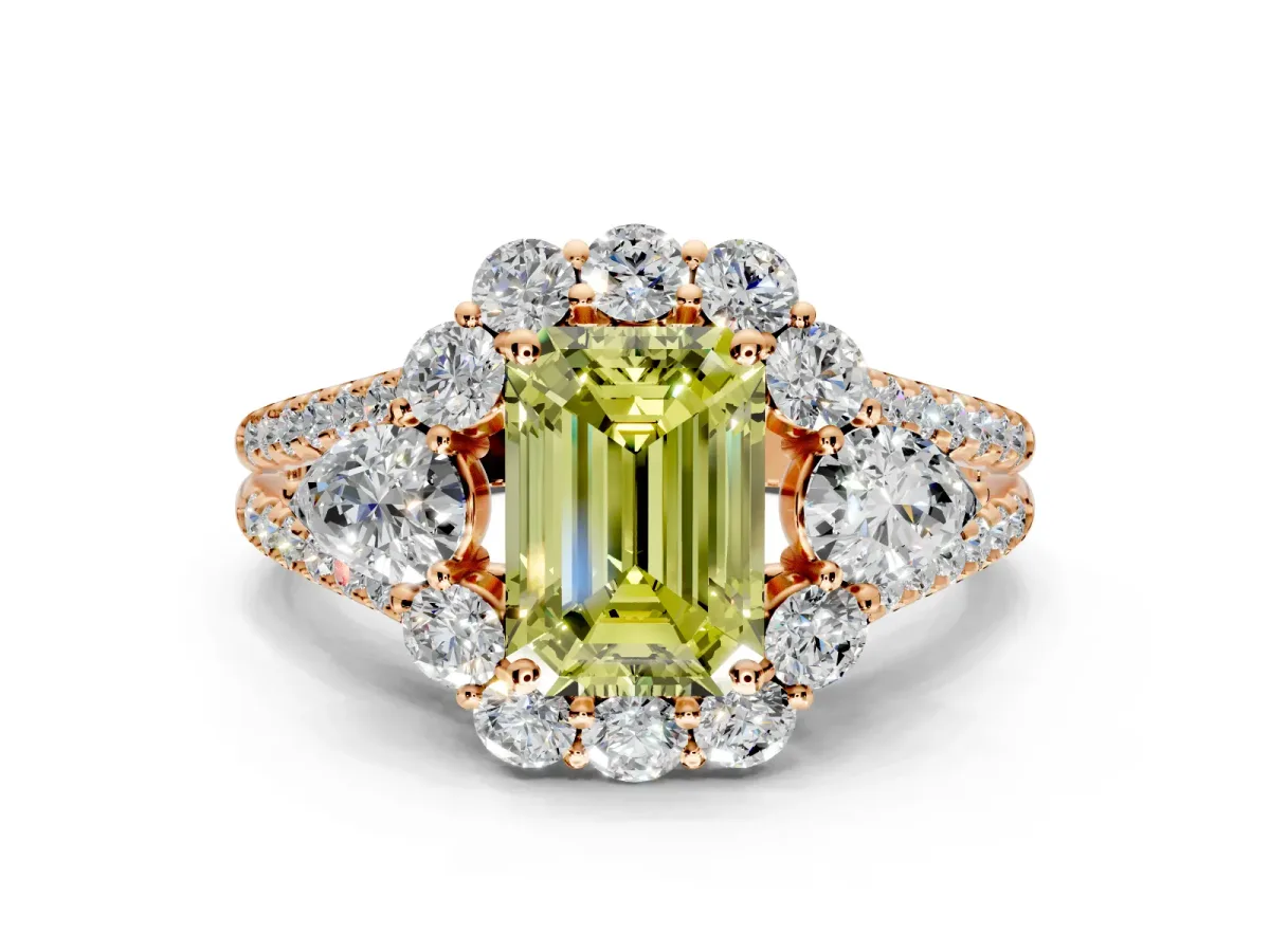 Halo Engagement Ring Setting for Fancy Yellow Emerald Cut Center with Two-Strand Split Shank and Prong Head in Rose Gold