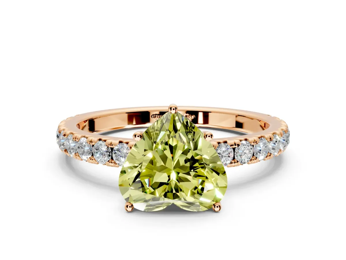 Solitaire Engagement Ring Setting for Fancy Yellow Heart-Shaped Center with Large Accent Band and Prong Head in Rose Gold
