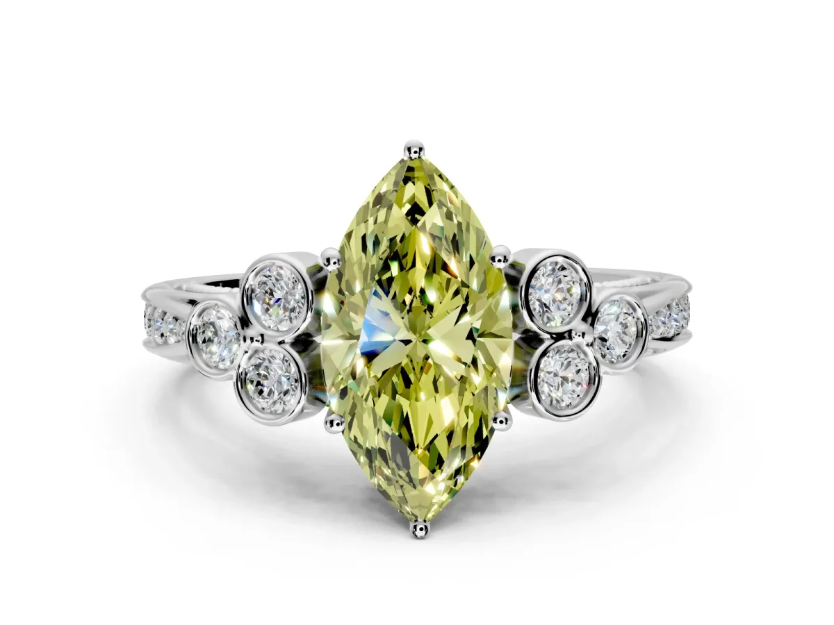 Cluster Engagement Ring Setting for Fancy Yellow Marquise Center with Bezel Accent Clusters and Prong Head in Sterling Silver