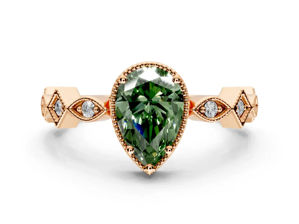 Milgrain Bezel Engagement Ring Setting for Fancy Green Pear-Shaped Center with Marquise Stations and Bezel Head in Rose Gold