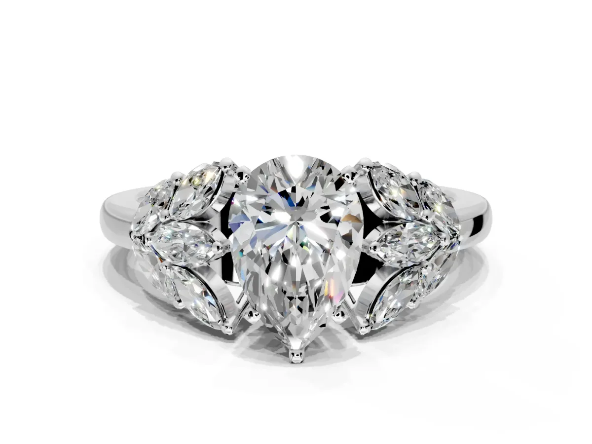 Leaf Cluster Engagement Ring Setting for Pear-Shaped Center with Marquise Accents and Prong Head in Sterling Silver