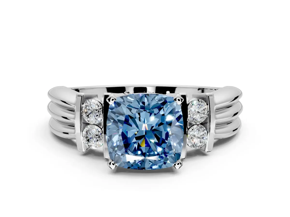 Solitaire Engagement Ring Setting for Fancy Blue Cushion Cut Center with Grooved Bar Accent Band and Prong Head in Platinum