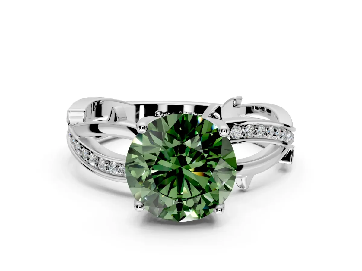 Solitaire Engagement Ring Setting for Fancy Green Round Cut Center with Pave and Plain Crossover Band and Prong Head in Sterling Silver