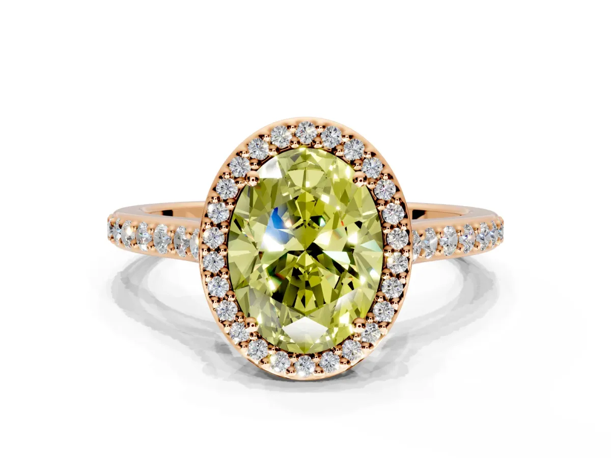 Halo Engagement Ring Setting for Fancy Yellow Oval Center with Pave Accents, Heart Basket and Prong Head in Rose Gold