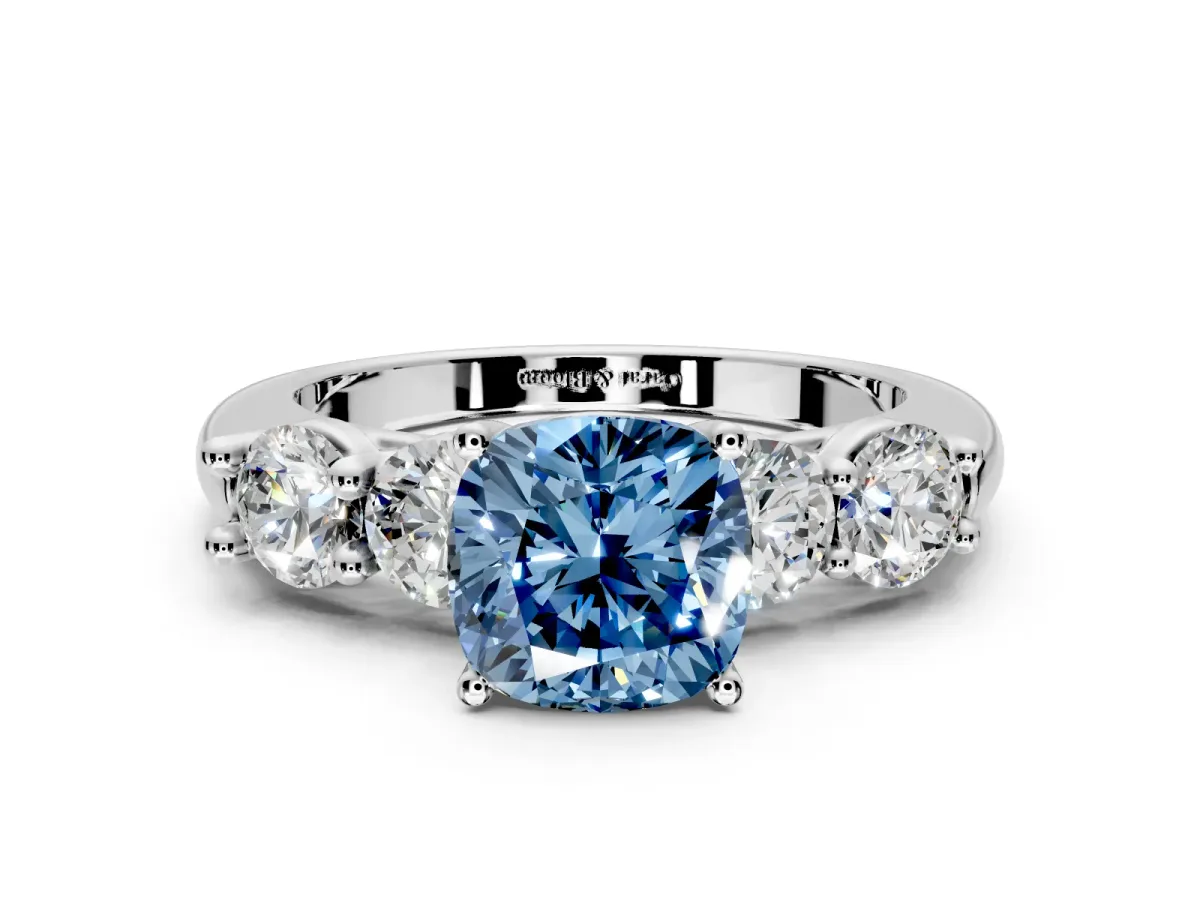 5 Stone Engagement Ring Setting for Fancy Blue Cushion Cut Center with Graduated Accents and Prong Head in Sterling Silver