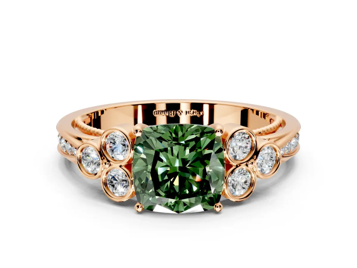 Cluster Engagement Ring Setting for Fancy Green Cushion Cut Center with Bezel Accent Clusters and Prong Head in Rose Gold