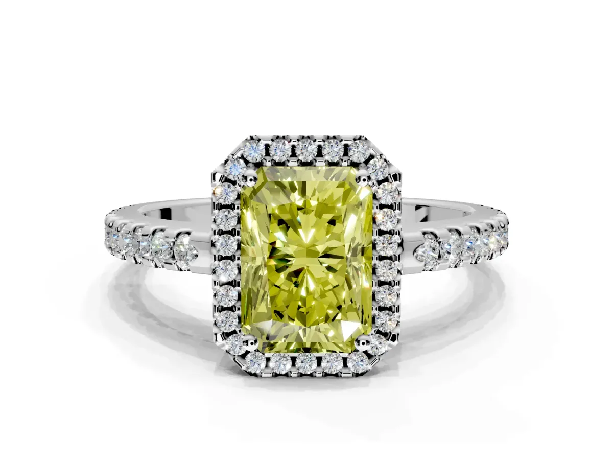 Accent Halo Engagement Ring Setting for Fancy Yellow Radiant Cut Center with Full-Length Pave Band and Prong Head in Platinum