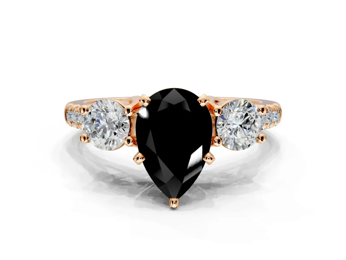 3 Stone Engagement Ring Setting for Fancy Black Pear-Shaped Center with Crossover Basket, Pave Band and Prong Head in Rose Gold
