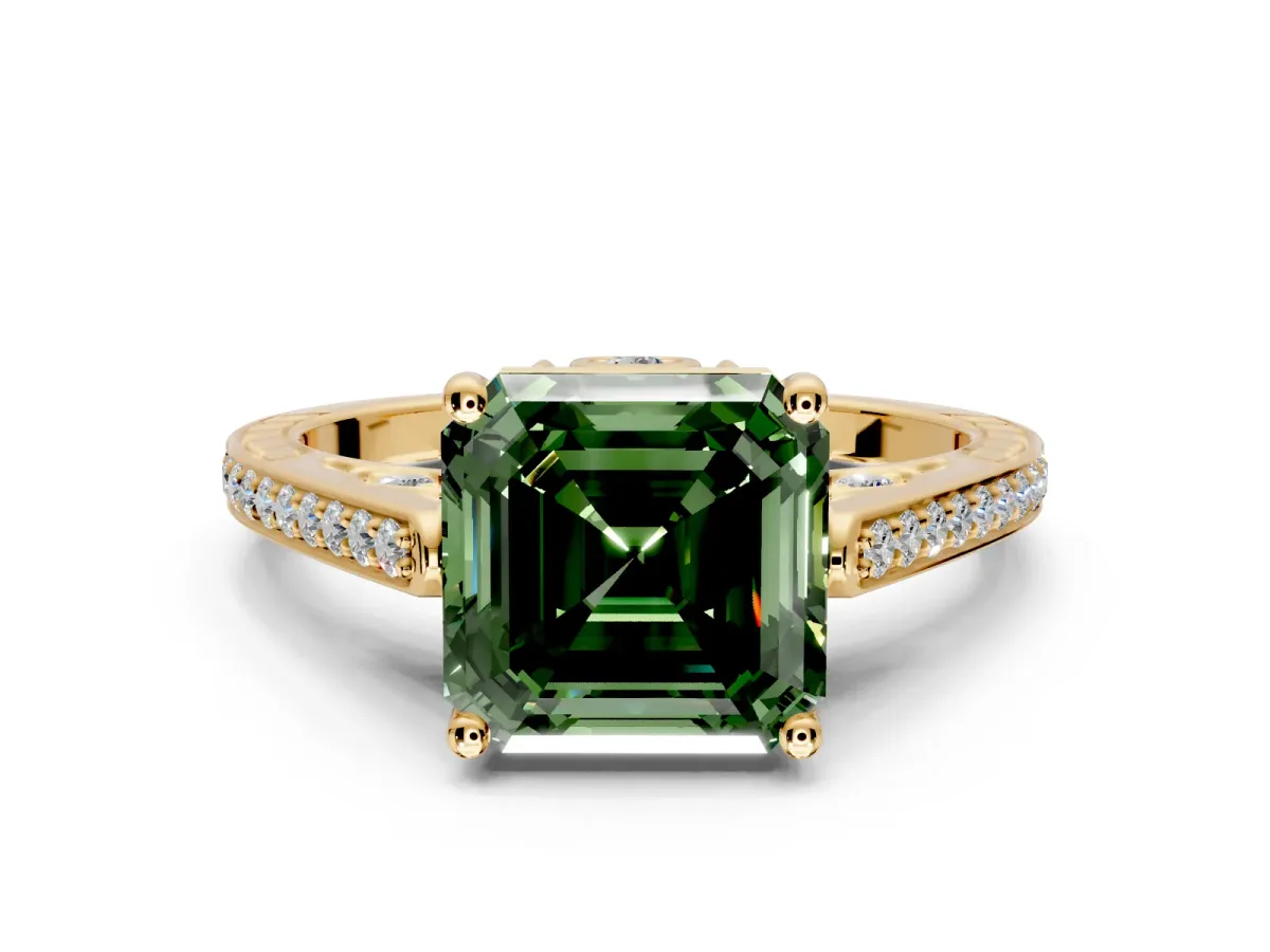 Cathedral Engagement Ring Setting for Fancy Green Asscher Cut Center with Antique-Style Pave Band and Prong Head in Yellow Gold