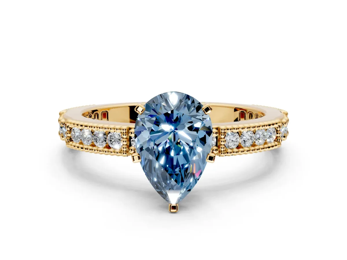 Solitaire Engagement Ring Setting for Fancy Blue Pear-Shaped Center with Milgrain-Edged Pave Band and Prong Head in Yellow Gold