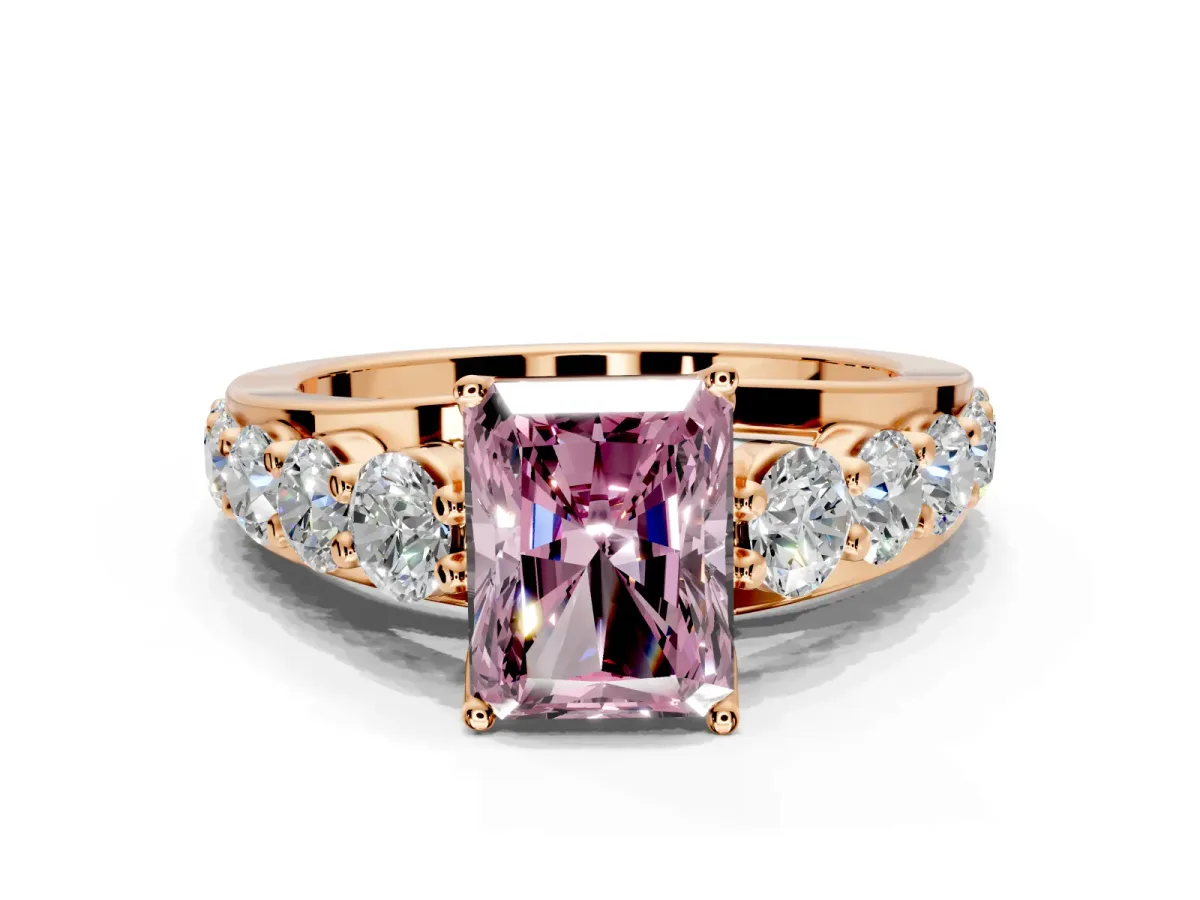 Solitaire Engagement Ring Setting for Fancy Pink Radiant Cut Center with Graduated Shared Prongs and Prong Head in Rose Gold