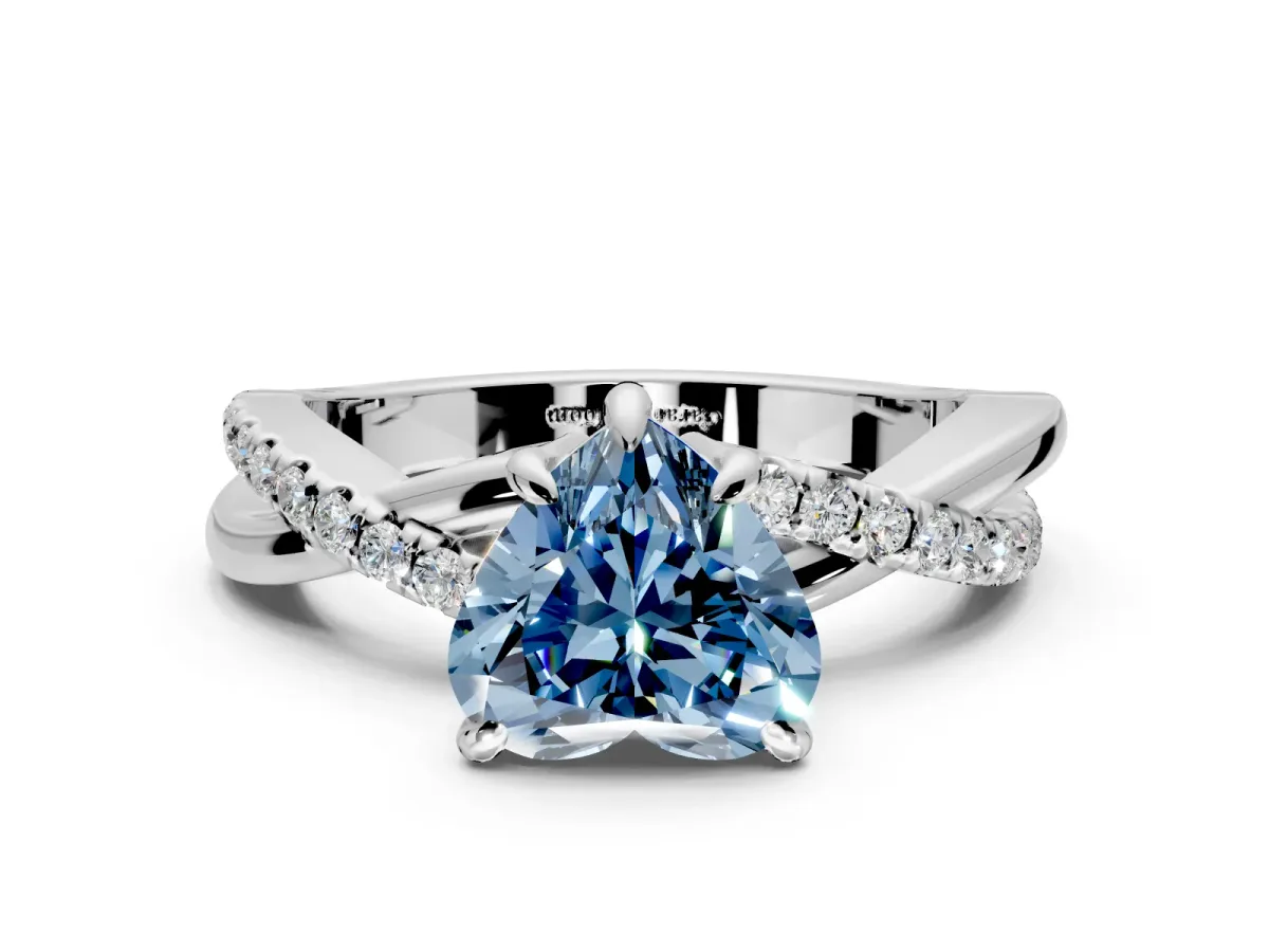 Solitaire Engagement Ring Setting for Fancy Blue Heart-Shaped Center with Half-Pave Crossover Band and Prong Head in Sterling Silver