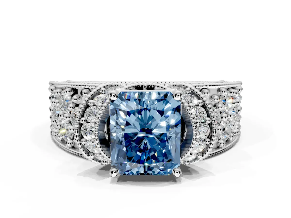 Pave Engagement Ring Setting for Fancy Blue Radiant Cut Center with Curved Accent Rows, Openwork and Prong Head in White Gold