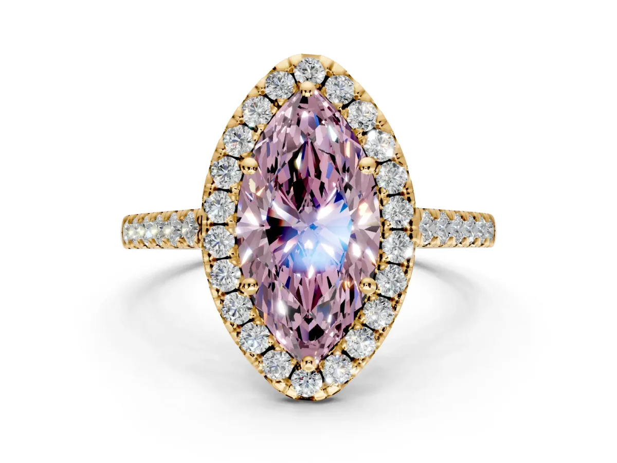 Halo Engagement Ring Setting for Fancy Pink Marquise Center with Narrowing Pave Band and Prong Head in Yellow Gold
