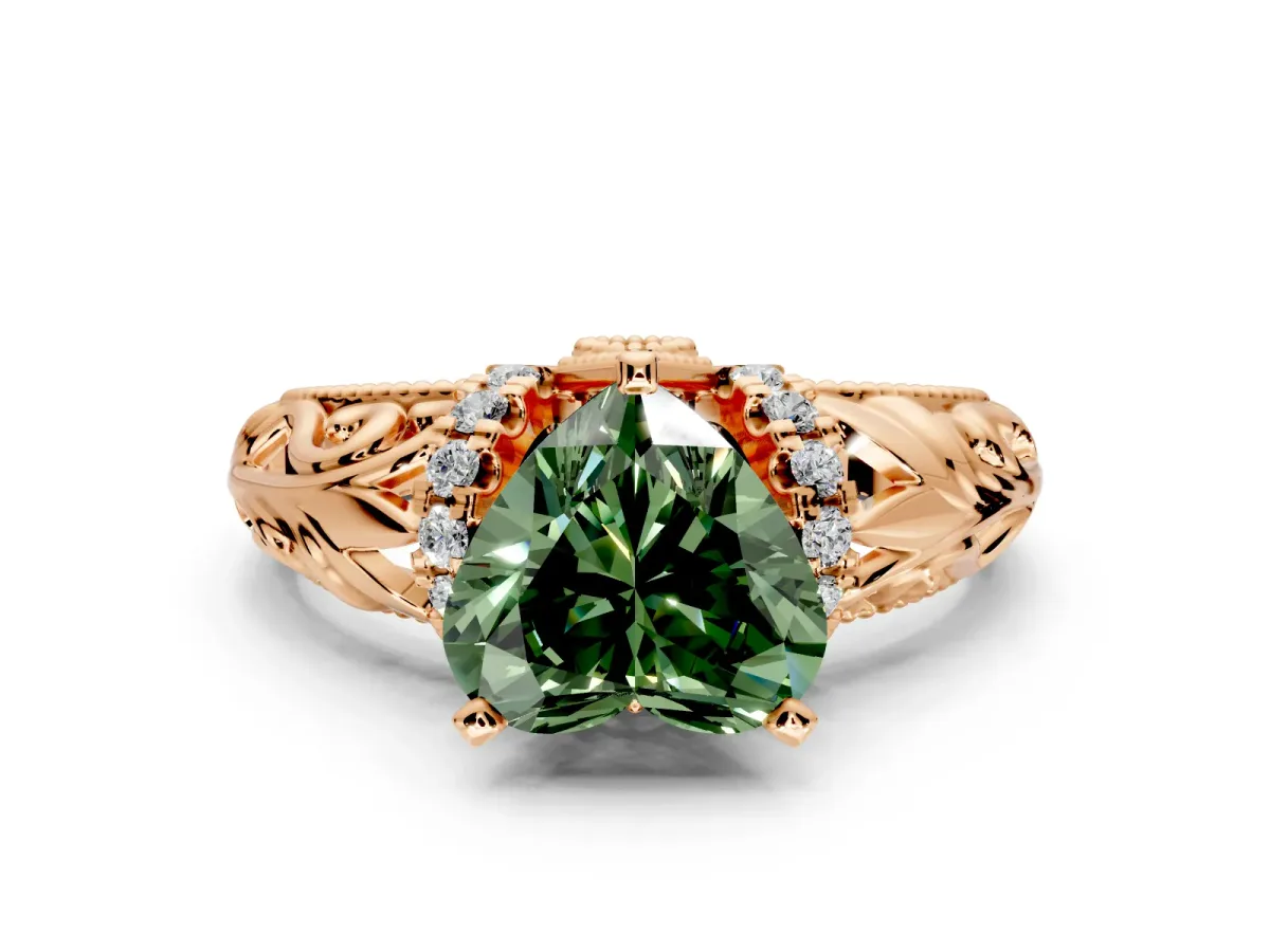 Solitaire Engagement Ring Setting for Fancy Green Heart-Shaped Center with Filigree Accent Basket and Prong Head in Rose Gold