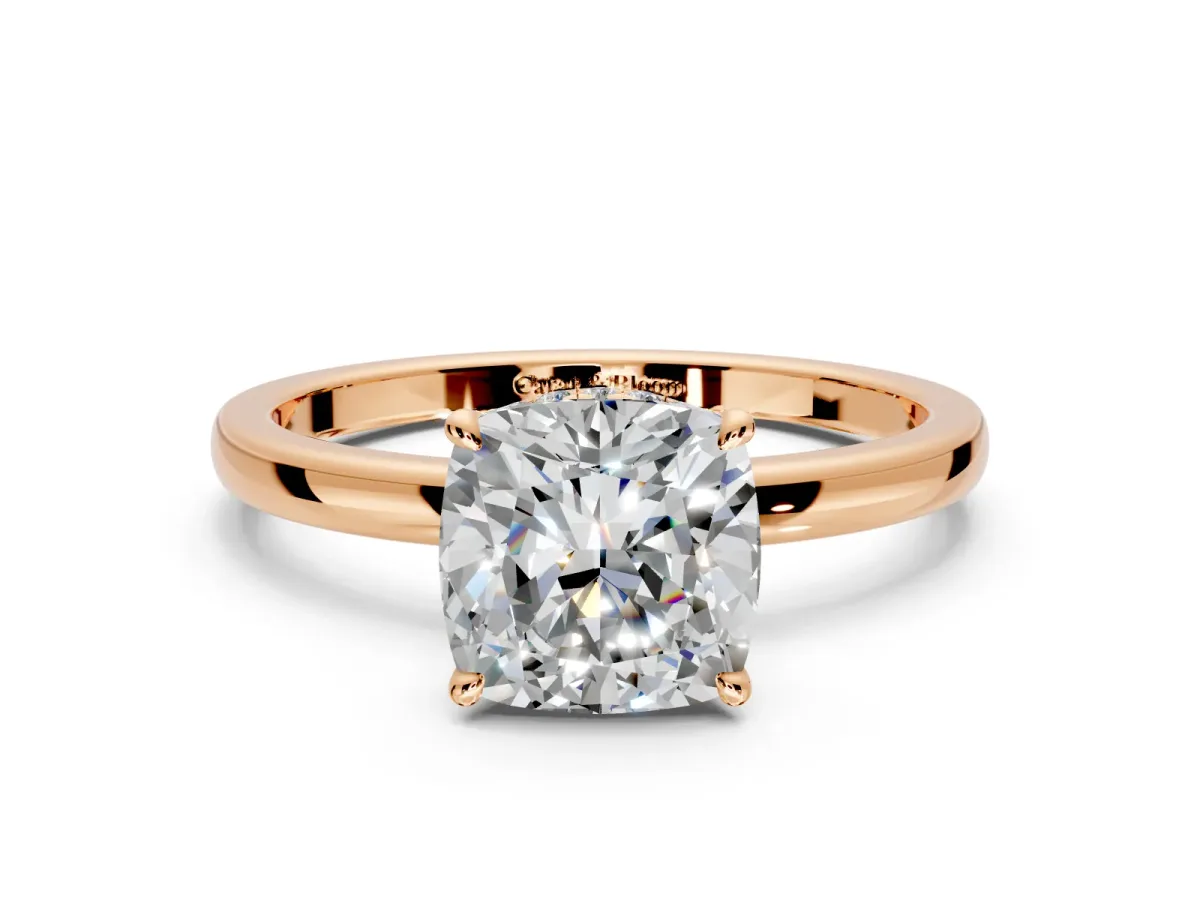 Hidden Halo Engagement Ring Setting for Cushion Cut Center with Plain Band and Tall Prong Head in Rose Gold