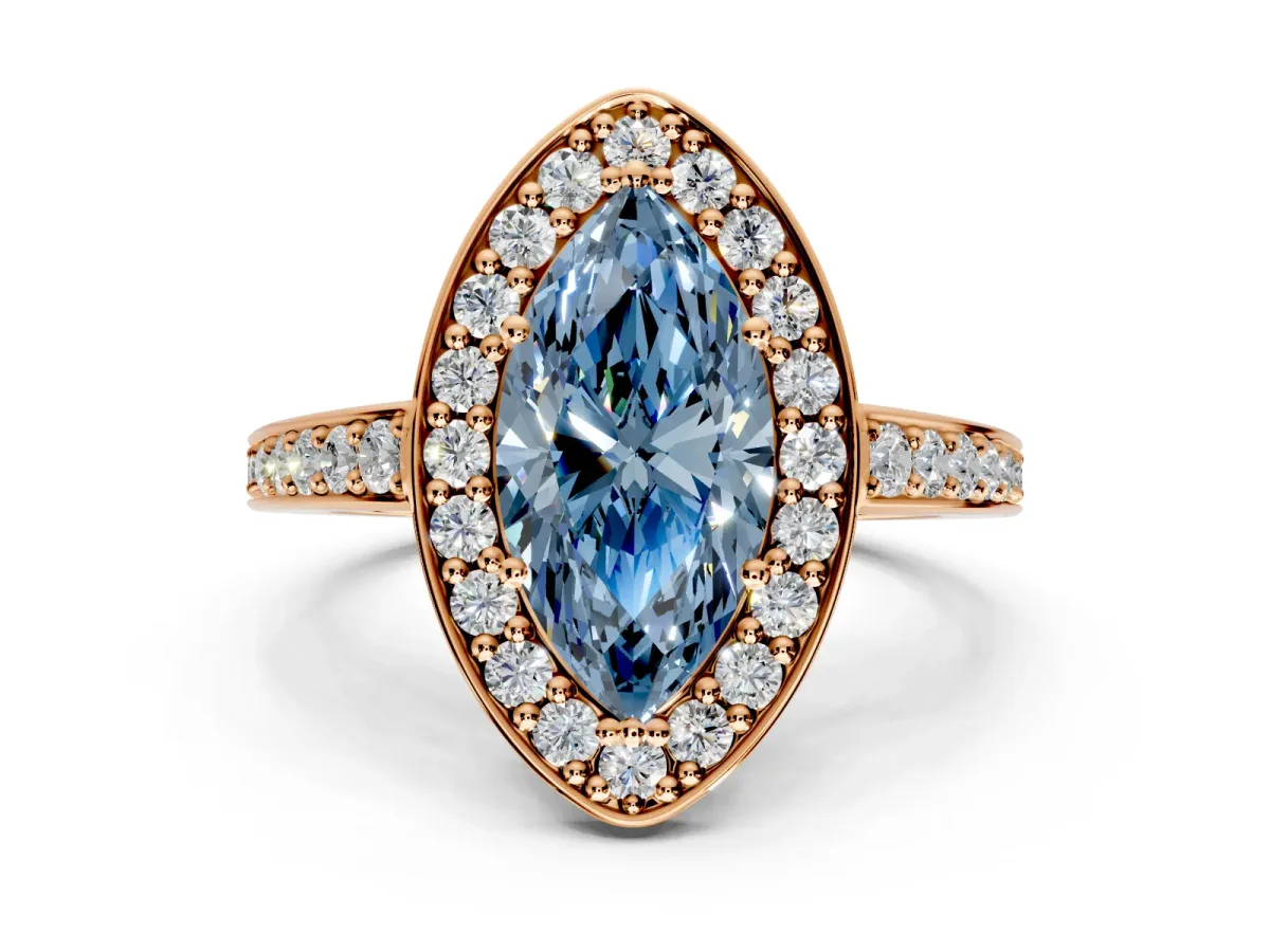 Bezel-Framed Halo Engagement Ring Setting for Fancy Blue Marquise Center with Pave Band and Prong Head in Rose Gold