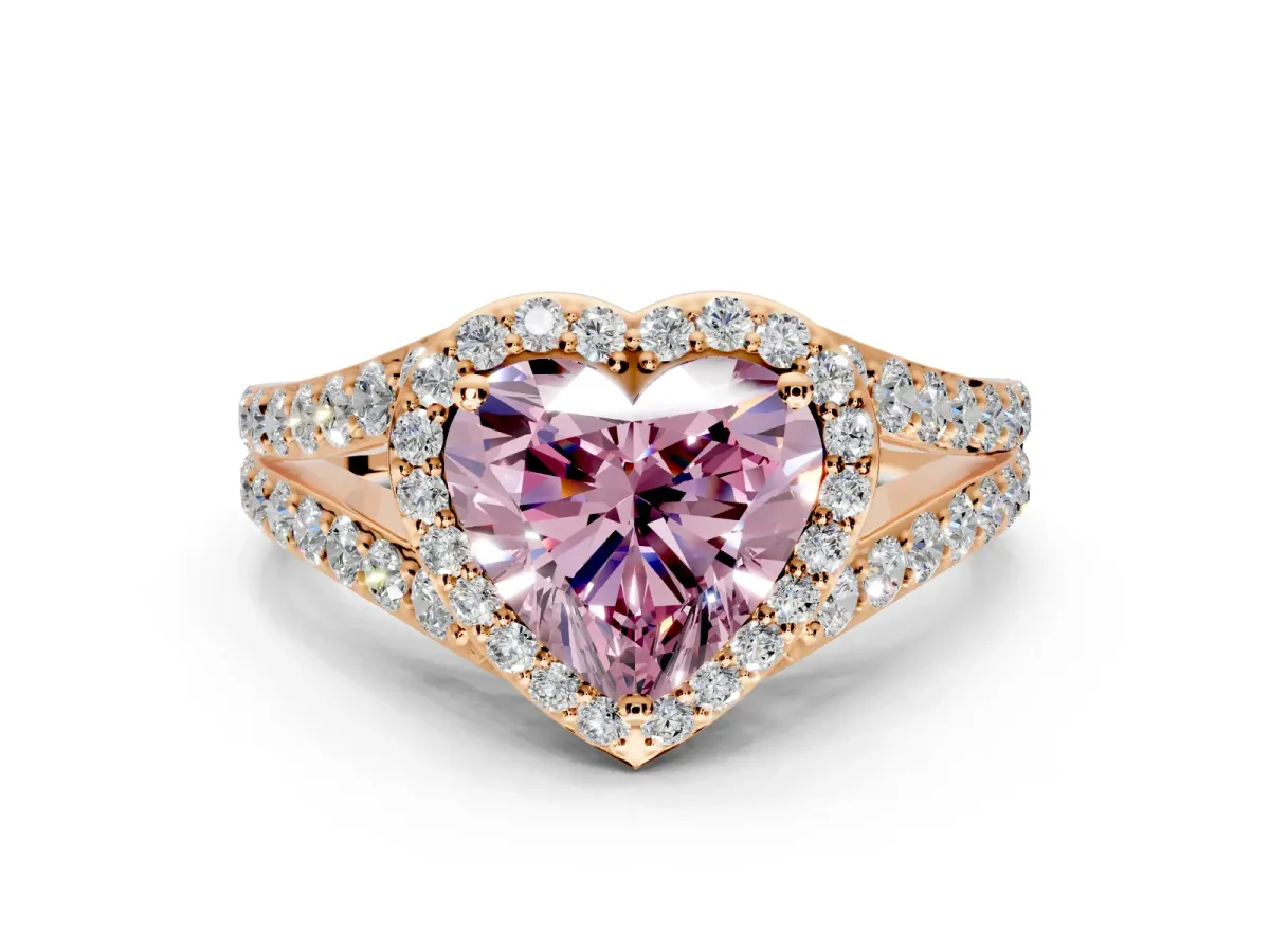 Halo Engagement Ring Setting for Fancy Pink Heart-Shaped Center with Narrow Pave Split Shank and Prong Head in Rose Gold