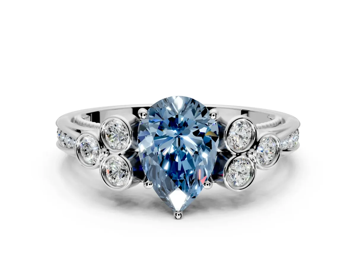 Cluster Engagement Ring Setting for Fancy Blue Pear-Shaped Center with Bezel Accent Clusters and Prong Head in Sterling Silver