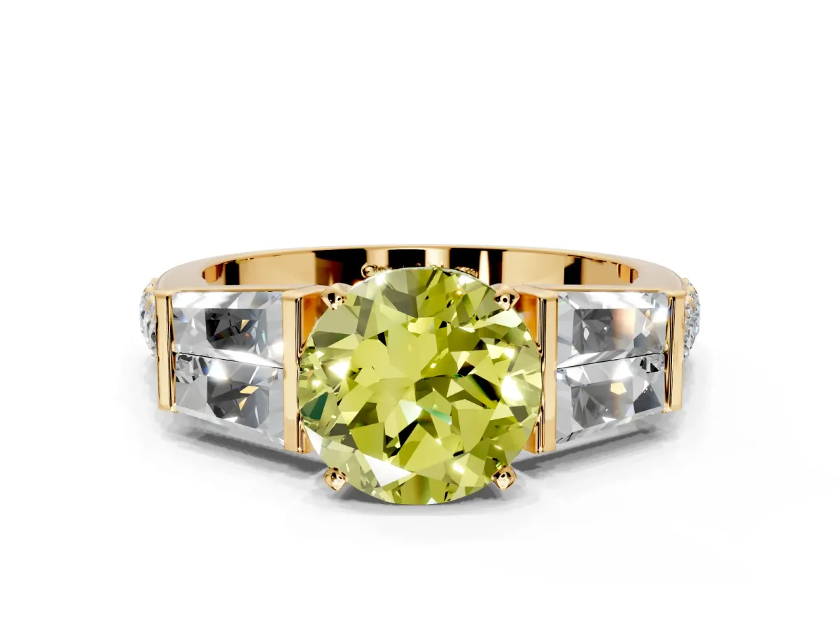 Channel-Set Engagement Ring Setting for Fancy Yellow Round Cut Center with Baguette Band and Prong Head in Yellow Gold