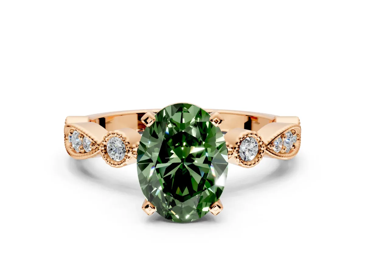 Solitaire Engagement Ring Setting for Fancy Green Oval Center with Milgrain Bezel Accents and Prong Head in Rose Gold