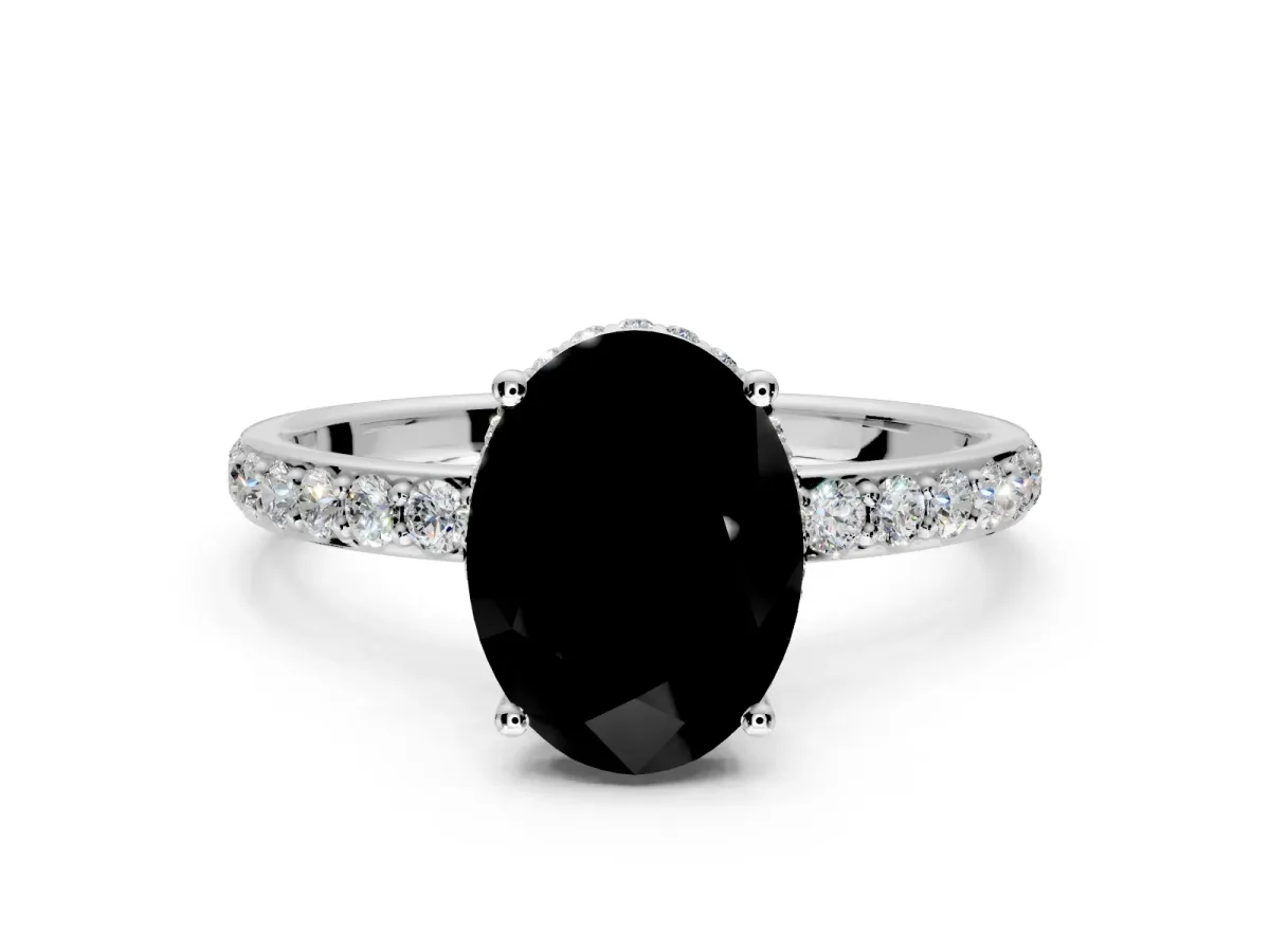 Hidden Halo Engagement Ring Setting for Fancy Black Oval Center with Pave Band and Prong Head in Platinum