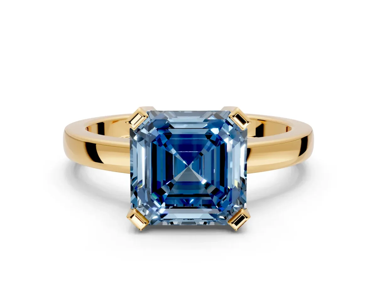 Solitaire Engagement Ring Setting for Fancy Blue Asscher Cut Center with Plain Band and Flat Tab Prong Head in Yellow Gold