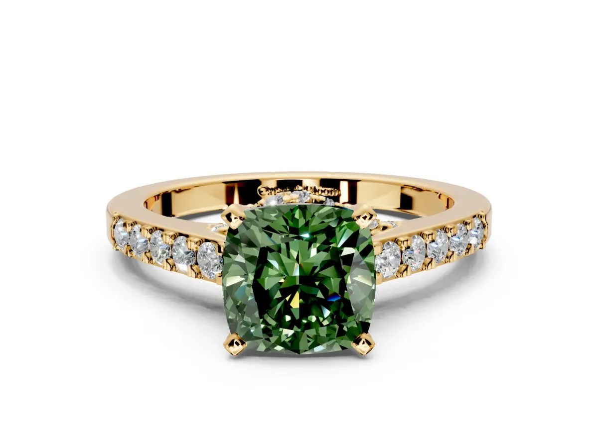 Solitaire Engagement Ring Setting for Fancy Green Cushion Cut Center with Crossover Accents and Prong Head in Yellow Gold