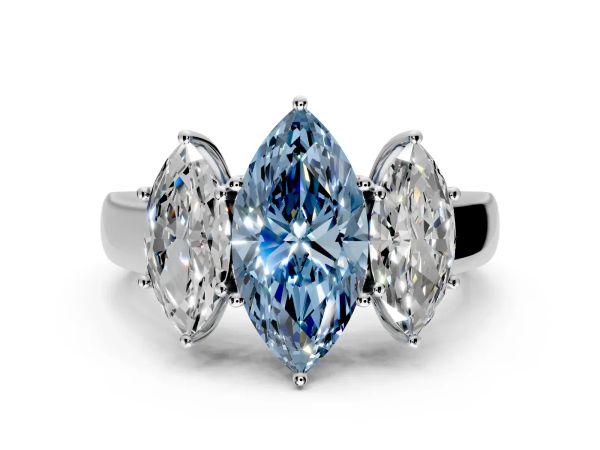 3 Stone Engagement Ring Setting for Fancy Blue Marquise Center with Raised Basket Heads and Prong Head in Platinum