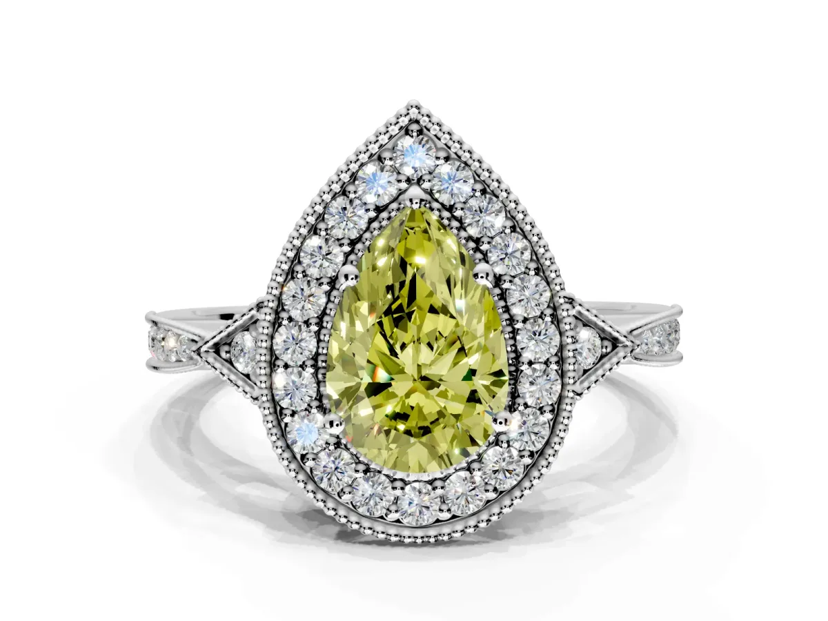Halo Engagement Ring Setting for Fancy Yellow Pear-Shaped Center with Milgrain Rim, Pave Band and Prong Head in Sterling Silver