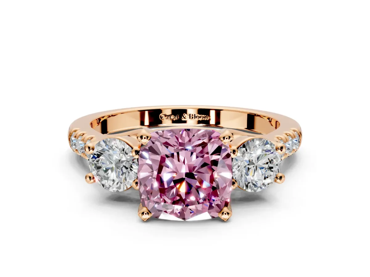 3 Stone Engagement Ring Setting for Fancy Pink Cushion Cut Center with Crossover Basket, Pave Band and Prong Head in Rose Gold