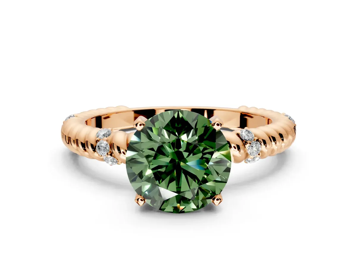Rope Engagement Ring Setting for Fancy Green Round Cut Center with Accent Shoulders and Prong Head in Rose Gold