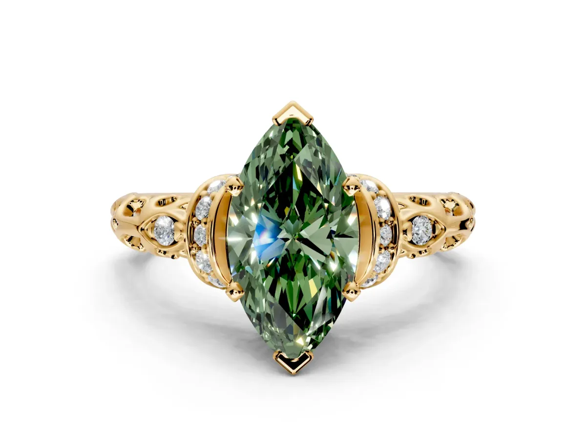 Solitaire Engagement Ring Setting for Fancy Green Marquise Center with Filigree Band and Prong Head in Yellow Gold