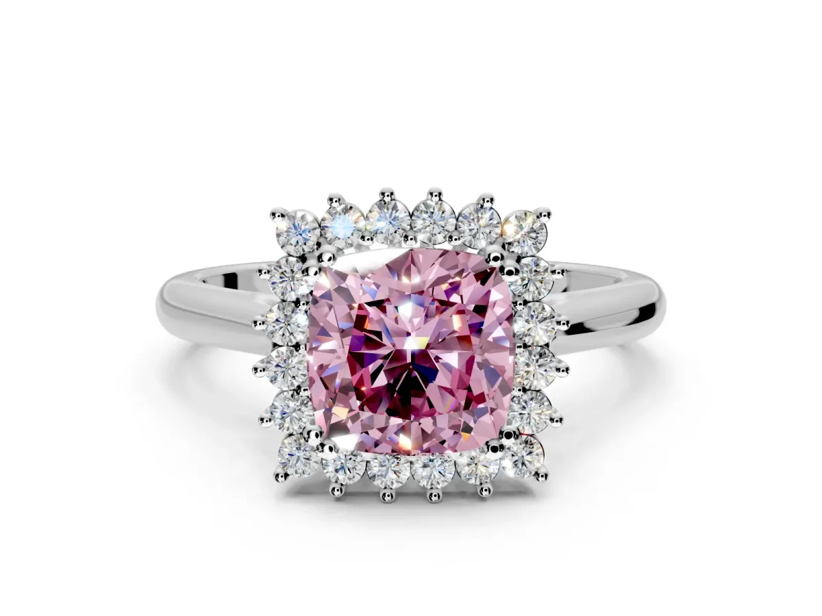 Starburst Halo Engagement Ring Setting for Fancy Pink Cushion Cut Center with Thin Round-Wire Band and Prong Head in Sterling Silver