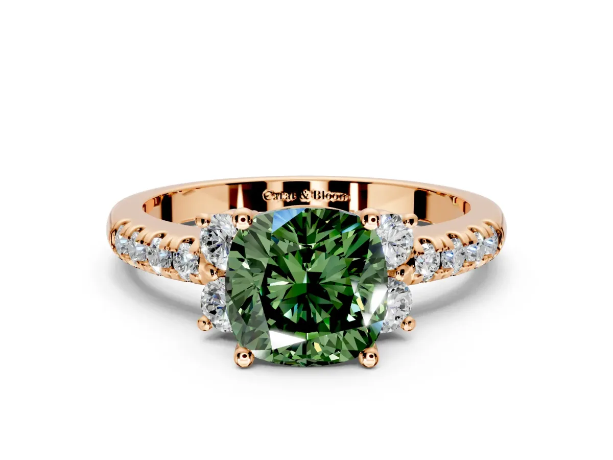 Paired Accent Engagement Ring Setting for Fancy Green Cushion Cut Center with Pave Band and Prong Head in Rose Gold