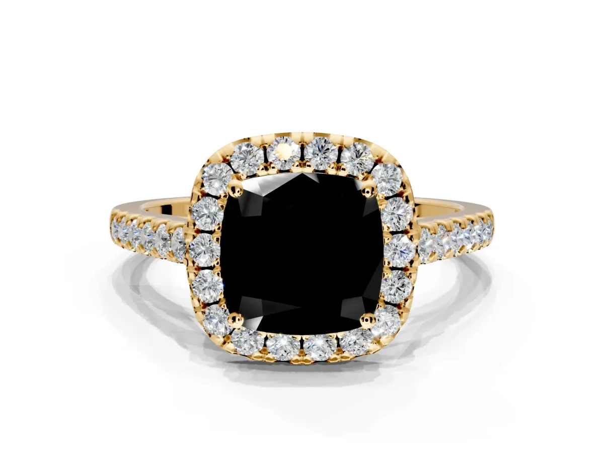 Halo Engagement Ring Setting for Fancy Black Cushion Cut Center with Narrowing Pave Band and Prong Head in Yellow Gold