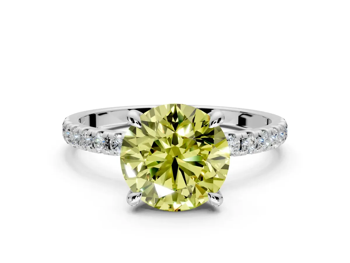 Solitaire Engagement Ring Setting for Fancy Yellow Round Cut Center with Fine Pave Narrow Band and Prong Head in Platinum