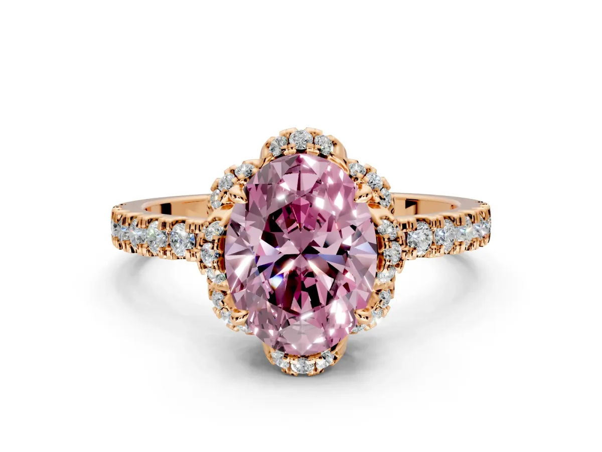 Halo Engagement Ring Setting for Fancy Pink Oval Center with Openwork Halo, Pave Band and Prong Head in Rose Gold