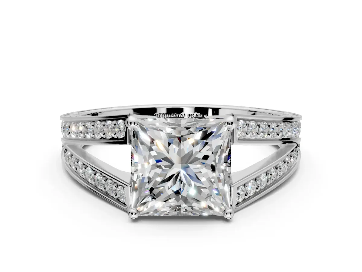 Split Shank Engagement Ring Setting for Princess Cut Center with Pave Split Shank and Prong Head in Platinum