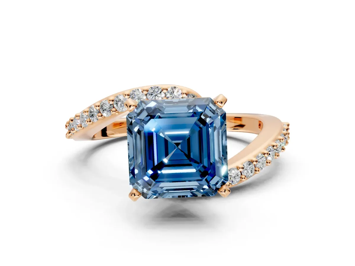 Solitaire Engagement Ring Setting for Fancy Blue Asscher Cut Center with Pave Bypass Swirl Band and Prong Head in Rose Gold