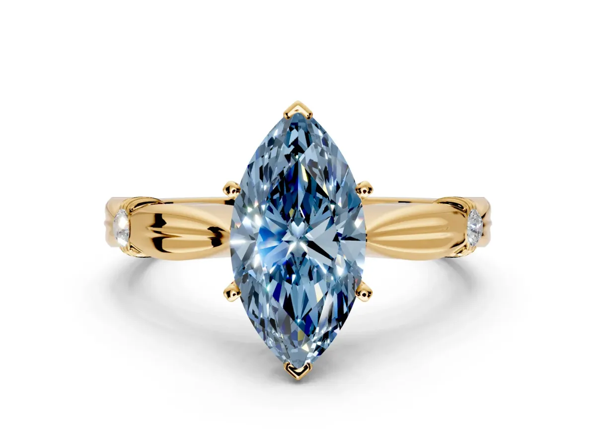Solitaire Engagement Ring Setting for Fancy Blue Marquise Center with Carved Leaf Shoulders and Prong Head in Yellow Gold