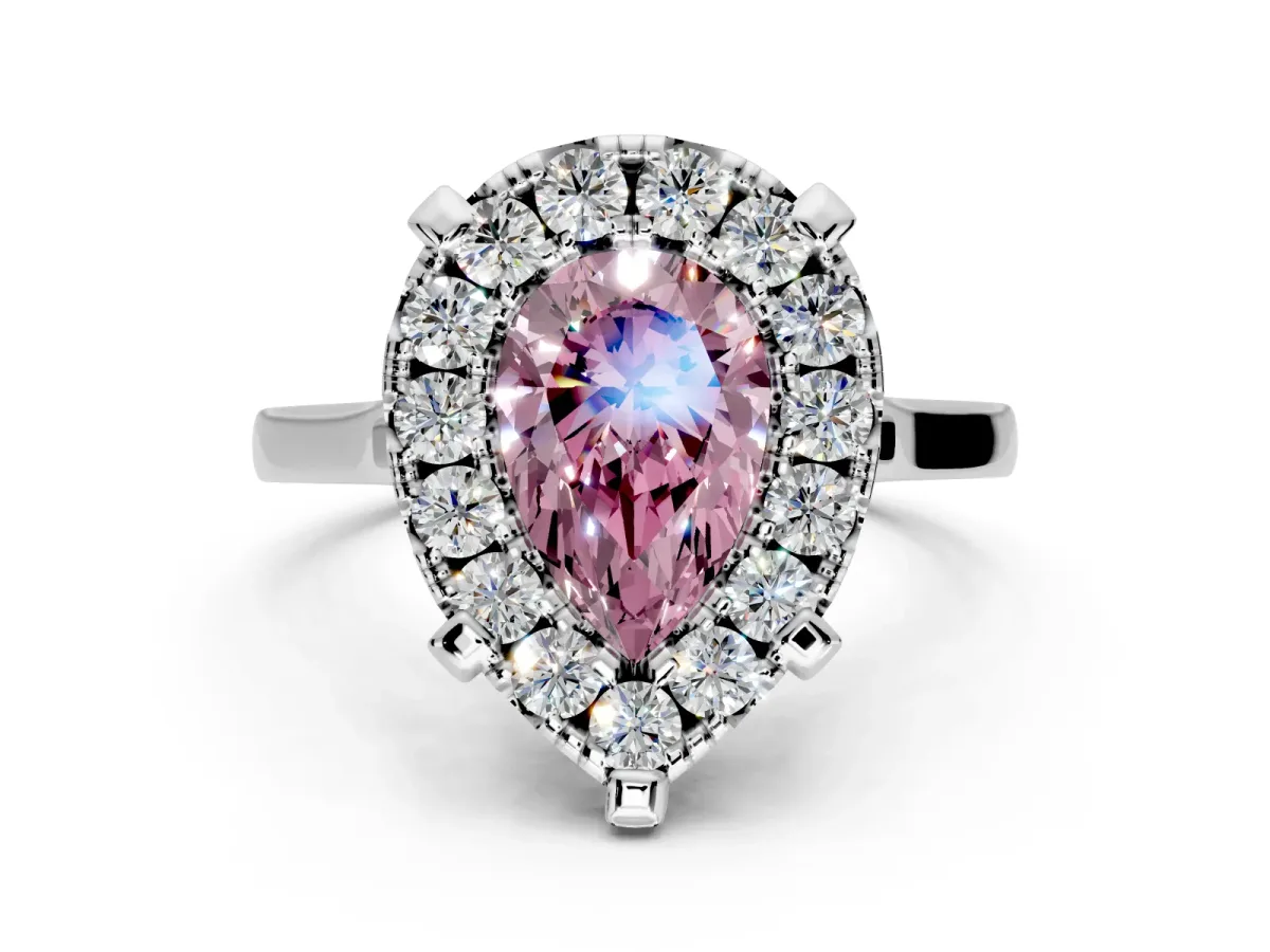 Single Halo Engagement Ring Setting for Fancy Pink Pear-Shaped Center with Corner Claws, Plain Band and Prong Head in Platinum