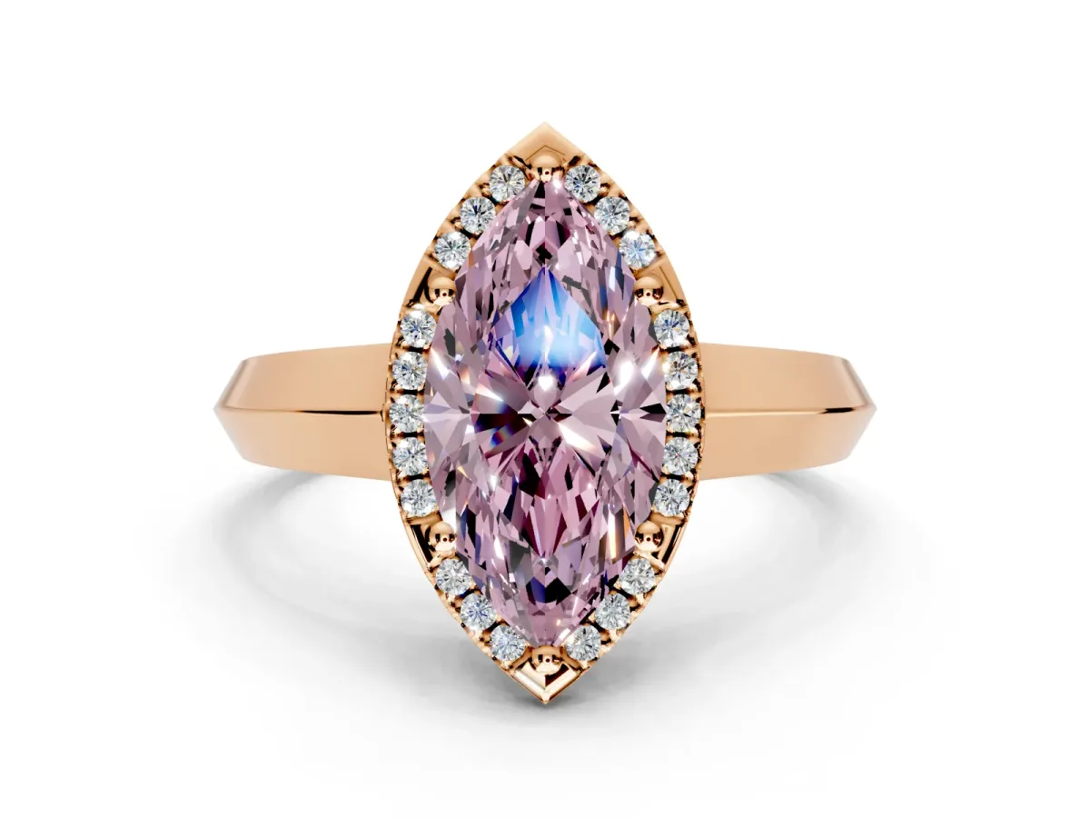 Halo Engagement Ring Setting for Fancy Pink Marquise Center with Knife Ridge Cathedral Band and Prong Head in Rose Gold