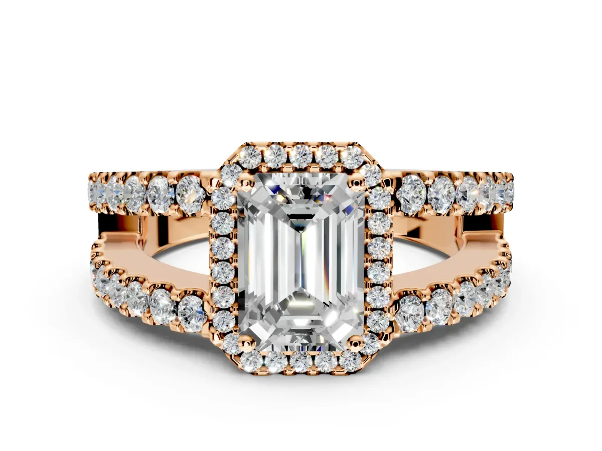 Halo Engagement Ring Setting for Emerald Cut Center with Wide-Open Pave Split Shank and Prong Head in Rose Gold