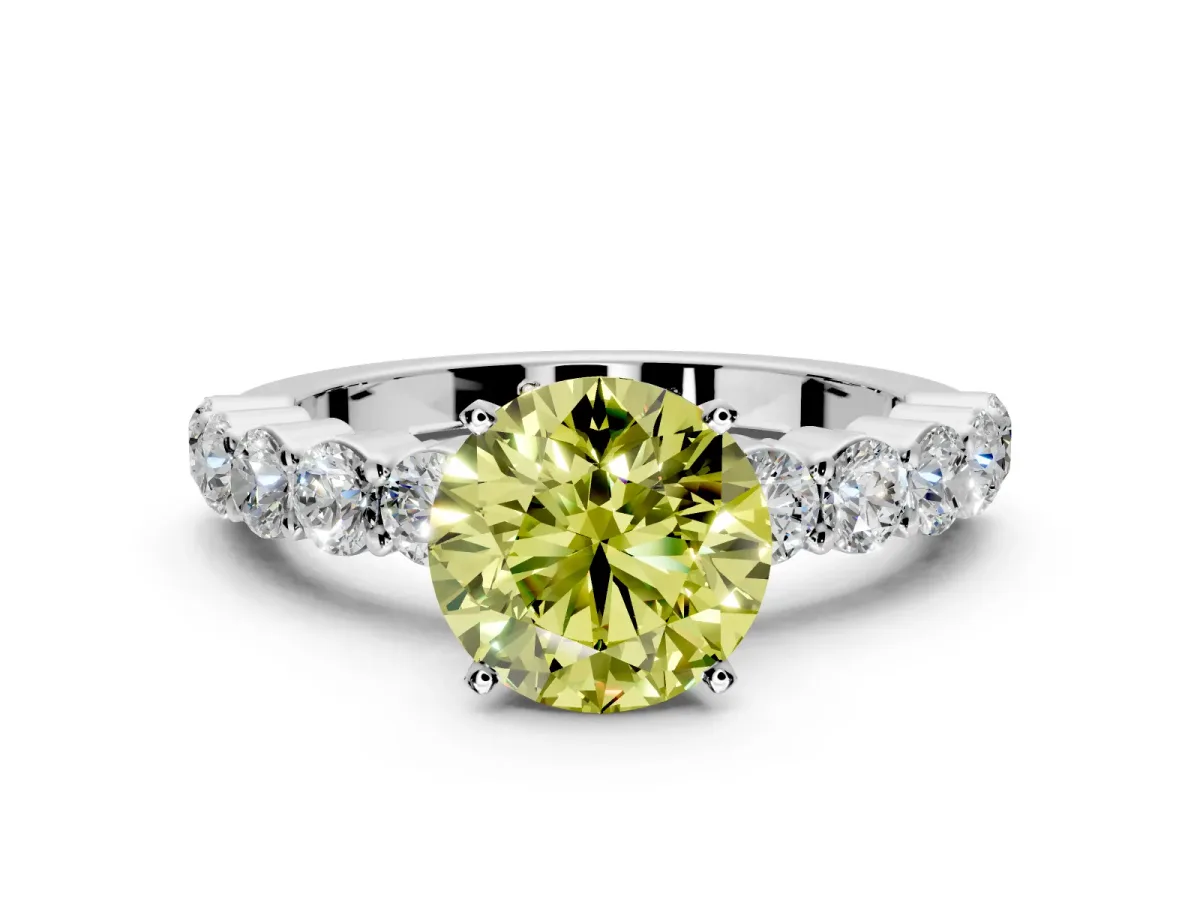 Shared-Prong Engagement Ring Setting for Fancy Yellow Round Cut Center with Graduated Accents and Prong Head in Sterling Silver