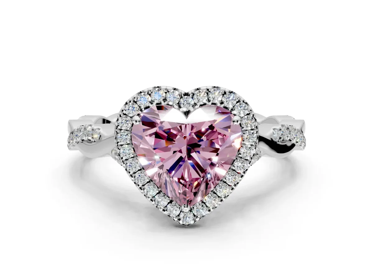 Halo Engagement Ring Setting for Fancy Pink Heart-Shaped Center with Twist Band and Prong Head in Sterling Silver