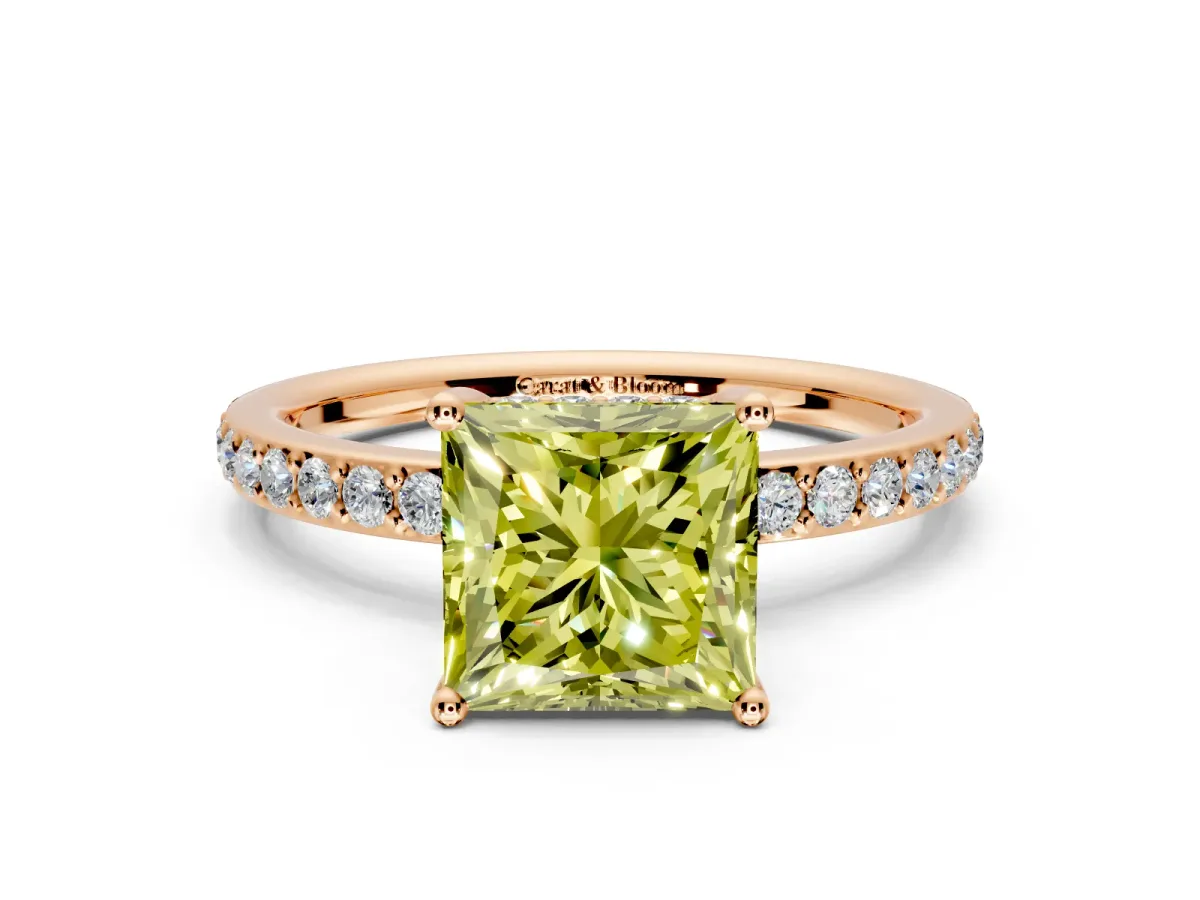 Solitaire Engagement Ring Setting for Fancy Yellow Princess Cut Center with Fine Pave Band and Prong Head in Rose Gold